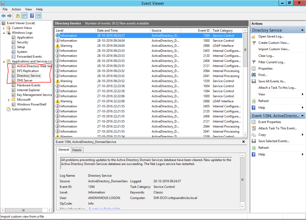 Windows Server eventviewer log