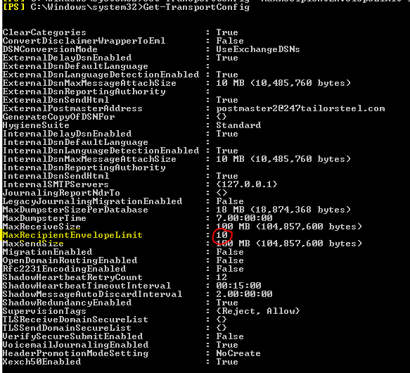 exch2010 get-transportconfig aangepast