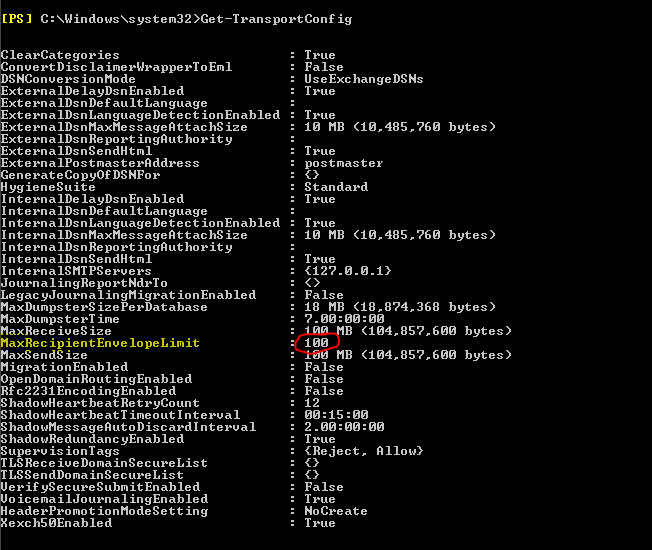 exchange 2010 get-transportconfig