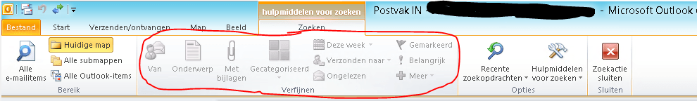 Outlook verfijnd zoeken knoppen niet te selecteren 01