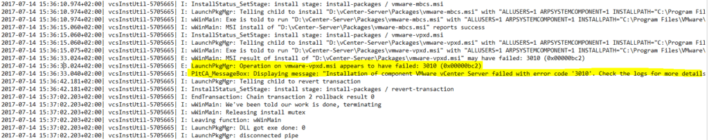 vmware upgrade failing with error 02