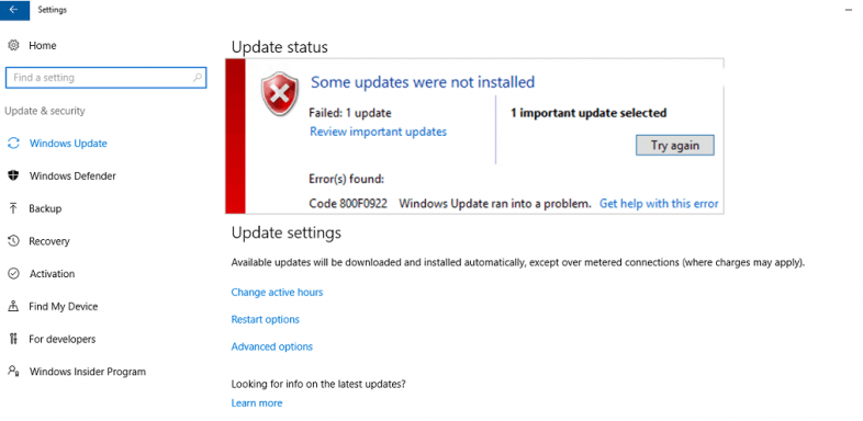 windows update 0x800F0922