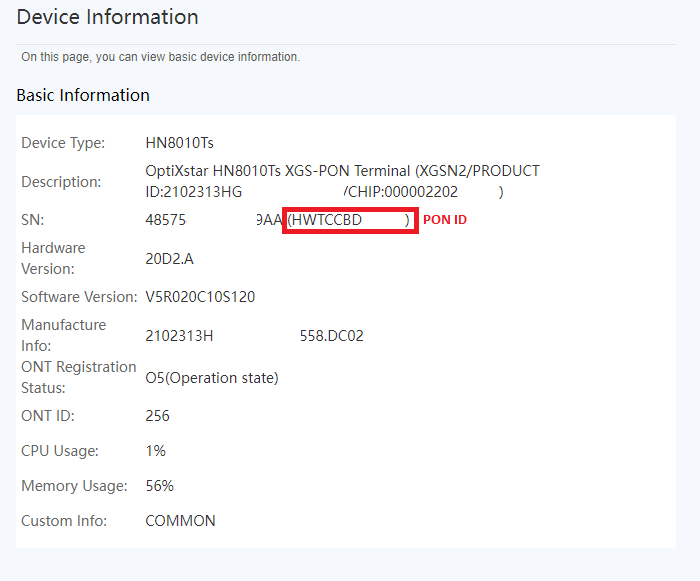 Huawei OptiXstar HN8010Ts Device Information