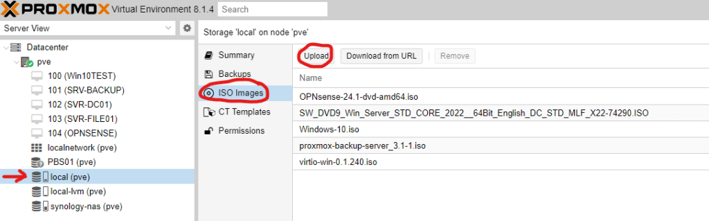 Proxmox ISO uploaden